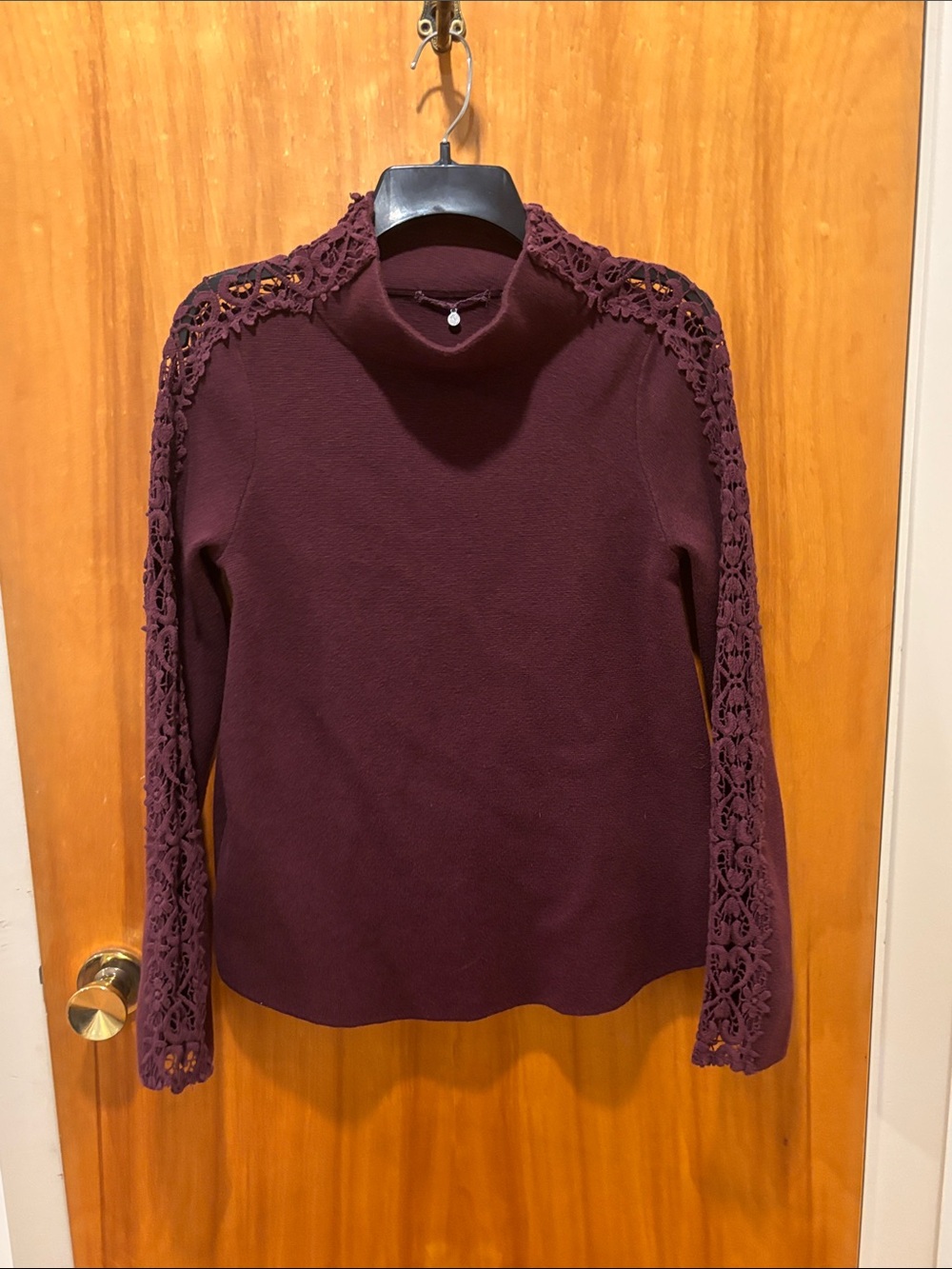Anthropologie Knitted & Knotted Burgundy Lace Funnelneck Sweater Medium